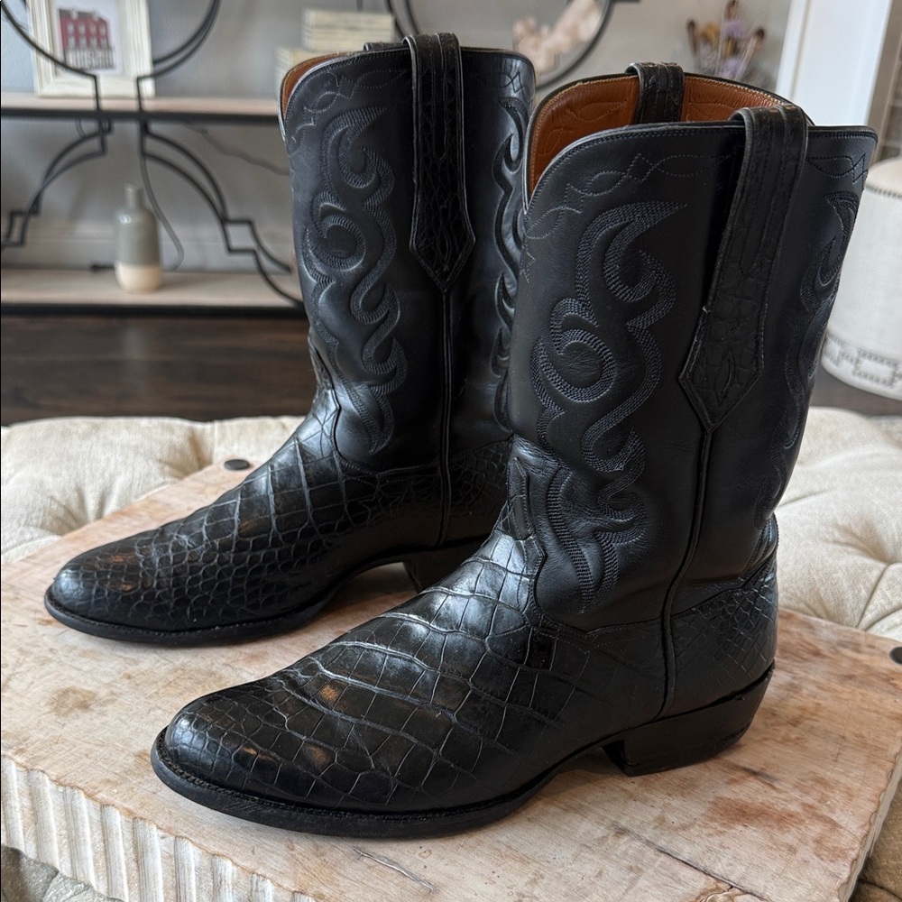 J B Hill Men's 9 EE Black Bias Cut Alligator Crocodile COWBOY Western Boots - Picture 4 of 8